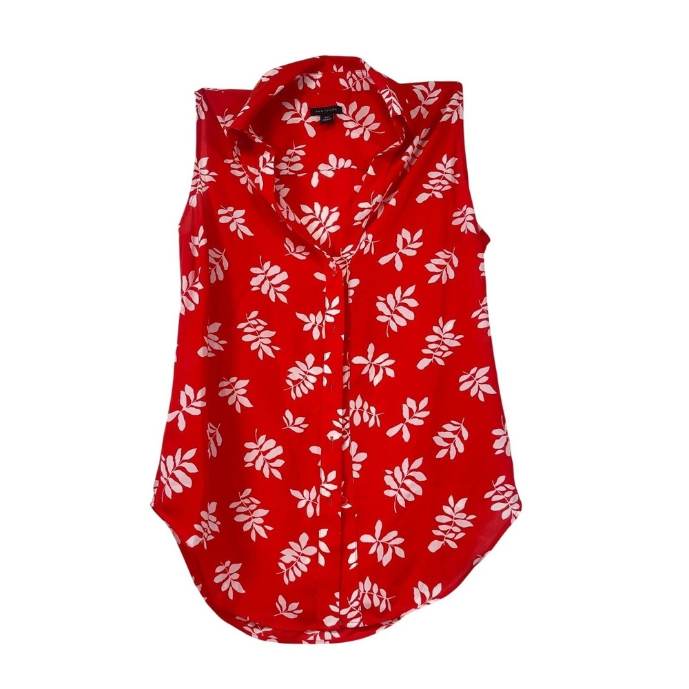 Ann Taylor XXS Sleeveless‎ Blouse Top Red White Floral Button Down Casual